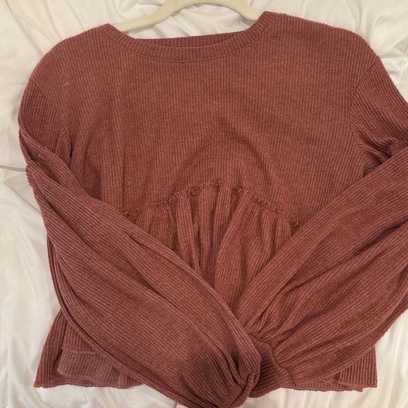 Altar'd State Rust Ribbed Ruffle Long Sleeve Top - Picture 2 of 4